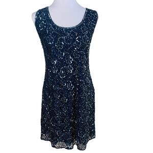 Pisarro Nights Size 14 Beaded Sequin Mesh Dress Gown Navy Blue Formal Holiday
